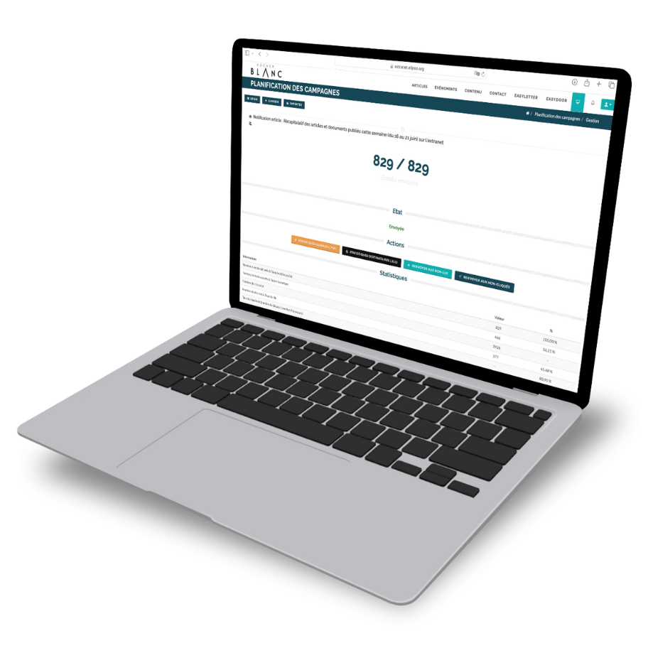 Computer mockup showing statistics for an Elipso newsletter